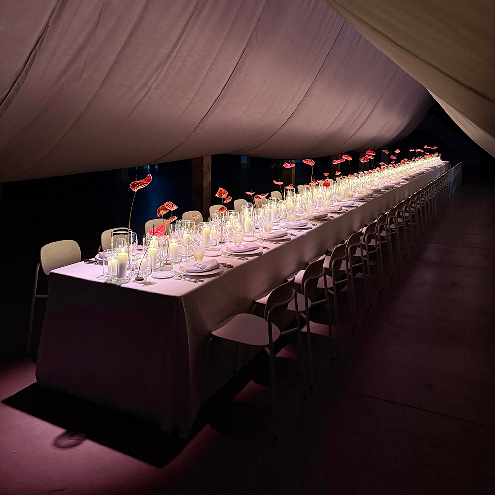 Chou et Tournesol Corporate dinner tent event design red flowers Silo